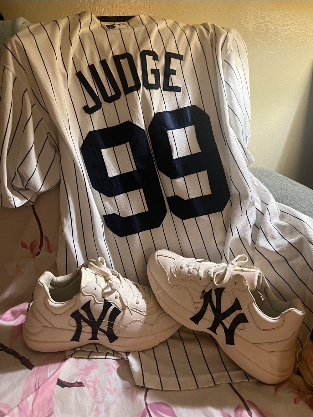 Gucci Cream White Sneakers with Black NY yankees Logo
